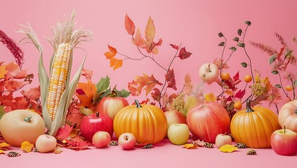 An autumn-themed display featuring pumpkins, apples, corn, and autumn leaves., Commercial photo.