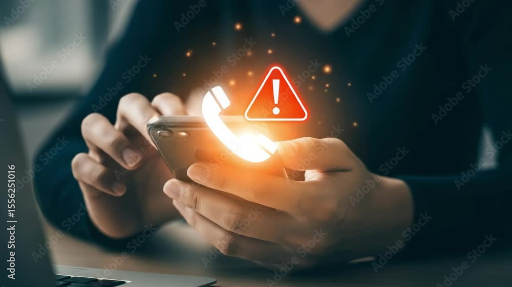 Aufkleber person holding phone with a phone icon and a red triangle warning sign overlayed on the screen image
