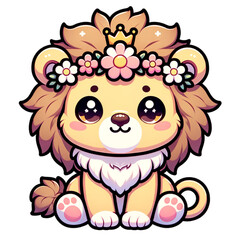 Cute Lion Cub with Flower Crown: An adorable cartoon lion cub sits wearing a flower crown and a tiny golden crown, radiating cuteness and charm.