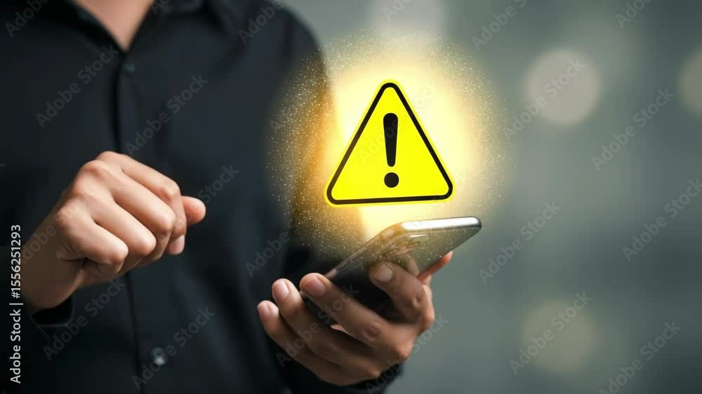 Poster Person using a smartphone with a yellow warning sign displayed on the screen with a glowing effect