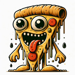 Vector illustration of gooey pizza slice with monster features on an isolated white background