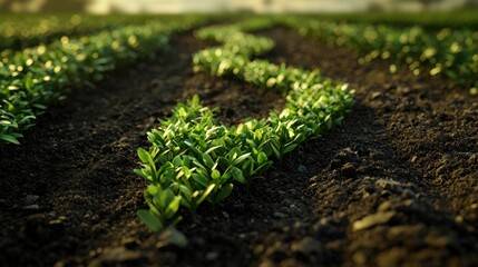 Fresh green sprouts emerging from dark soil in an agricultural field at sunrise highlighting growth and renewal