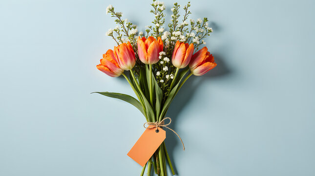 A neatly tied bouquet of orange tulips placed on a blue background - Powered by Adobe