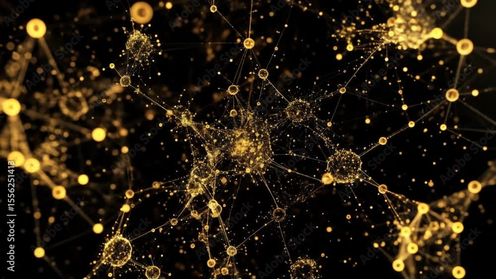 Poster abstract digital network structure with golden spheres and lines against black background