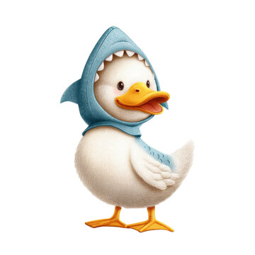 Cute cartoon duck wearing a shark costume smiling and posing playfully with a whimsical expression Transparent background or png