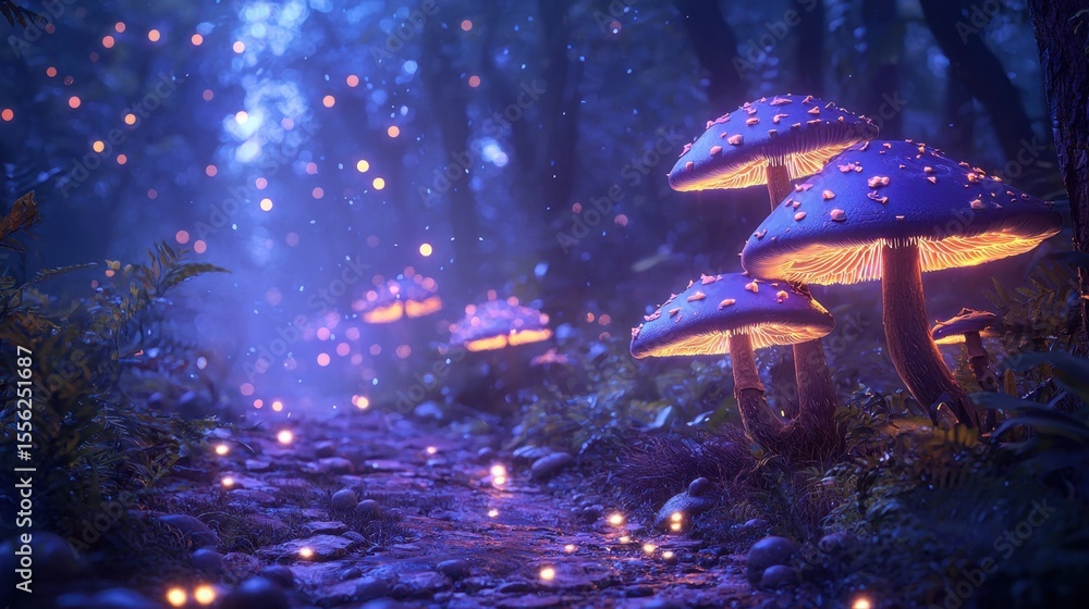 Poster magical forest pathway illuminated by glowing mushrooms at twilight with sparkling lights and lush g