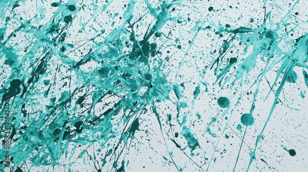 Poster abstract splatter art featuring vibrant turquoise paint against a white backdrop creating dynamic pa