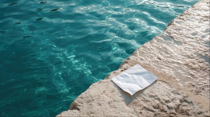 An empty white wrapper sits on a rugged stone surface next to shimmering turquoise water. Abstract vacation background.