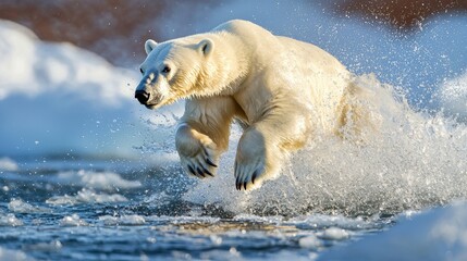Polar bear leaps from icy waters, creating a splash against a backdrop of snow and ice in its natural Arctic habitat during daylight