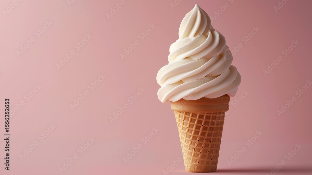 Poster soft serve ice cream cone against a simple pink background in a bright setting, highlighting its cre
