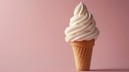Soft serve ice cream cone against a simple pink background in a bright setting, highlighting its creamy texture and swirled shape during daytime