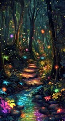 A fantasy forest with glowing plants and animals, creating an otherworldly atmosphere. The scene features dark trees with bioluminescent leaves.