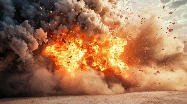 Explosive destruction from a tank explosion occurring in an open area filled with debris and smoke during daylight hours