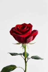 A single red rose, a beautiful symbol of love and romance, isolated on a white background
