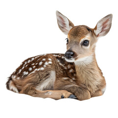 An adorable fawn lies down in the grass, its spotted coat visible, isolated on transparent background