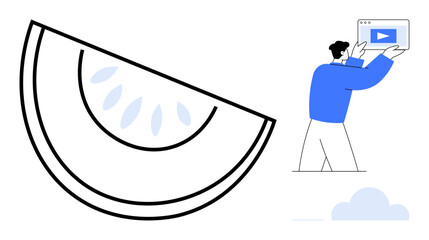 Sliced fruit graphic beside a person holding a video display. Ideal for education, health, creativity, digital media, food design, marketing, simple landing page