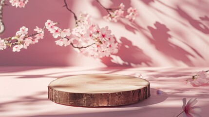 Wooden podium on pink wall background with branch of pink flowers and shadows. Natural calm backdrop with wood platform and empty place for product display presentation, advertising text, mock up