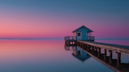 A small house at the end of an old wooden pier reflecting in calm waters at dusk with pink and purple sky, dreamy and tranquil mood created by soft water reflections