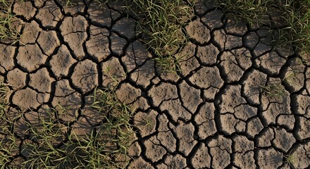 A close-up overhead shot of dry cracked earth with scattered wild grass sprouting between the crevices. The scene captures natural textures with earthy tones of brown, beige, and hints of green. Soft 