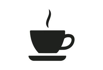 Simple black silhouette of a steaming coffee cup on a saucer