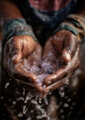 Naklejka premium Close-up of cupped hands holding water droplets creating a serene moment of purification