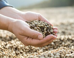 Hands Holding Harvested Coffee Beans on Drying Bed, Close-Up