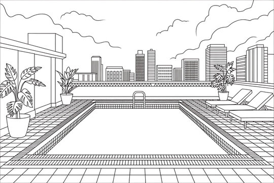 Rooftop pool overlooking a city skyline.
