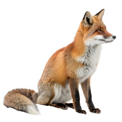 A red fox sits calmly, isolated on transparent background