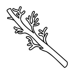 Black Line Art Branch with Small Leafy Sprigs on White Background