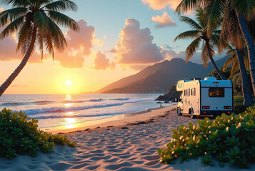 Romantic view of sandy beach with palm trees and parked motorhome in tropics at sunset.