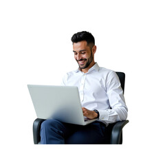 Happy Businessman Working on Laptop, Smiling and Confident