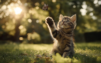 Obraz premium Cute kitten playing with a butterfly on a green grass meadow, with sunlight and sunbeams, cat, animal, kitten, pet, cute, domestic, feline, grass, portrait, fur, nature, mammal, kitty, garden, tabby, 