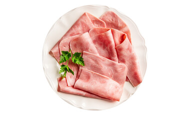 Ham slices meat spam pork fresh delicious gourmet food background on the table rustic food top view...