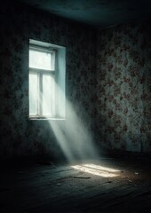 Obraz premium Sunlight streams through window illuminating dusty interior of abandoned antique space with worn