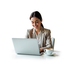 Happy Businesswoman Working on Laptop at Coffee Shop