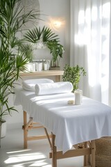 Fototapeta premium Beautiful spa elements on the massage table in the wellness center. Massage on light wooden background. blur living room, natural creams and moisturizing Healthy lifestyle