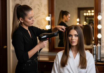 a hairdresser meticulously styling a client's hair with a blow dryer in front of a brightly lit mirror. Showcasing professional salon services
