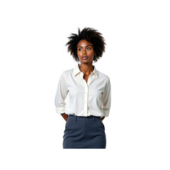 Confident Black Businesswoman in Elegant White Shirt and Grey Skirt