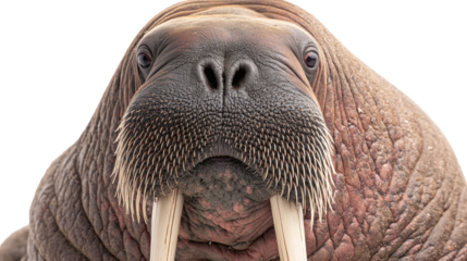 A close-up portrait of a walrus, showcasing its unique features. transparent background