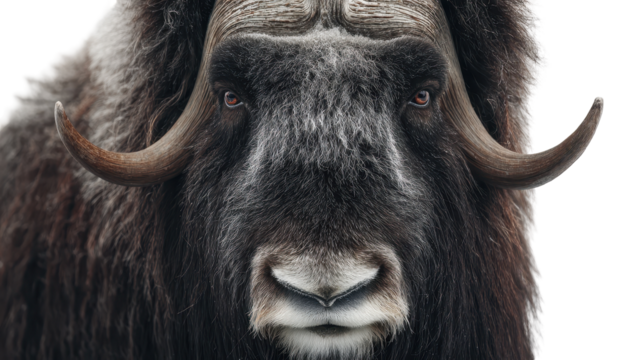 Close-up portrait of a majestic musk ox in natural habitat. transparent background