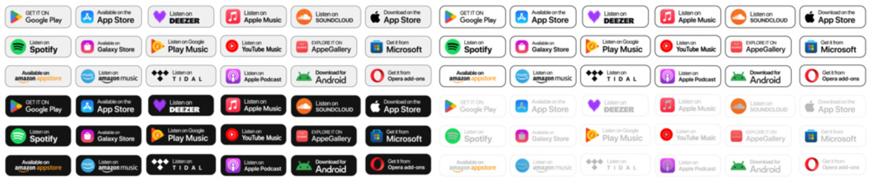 Download the full badge set from App Store, Google Play, Microsoft Store, Huawei Store, and Amazon Store. Listening badges for popular music streaming services. 