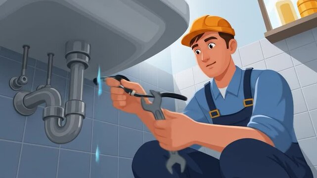 Animated Plumber Fixing Leaky Sink Pipes with Wrench in Bathroom Cartoon Video