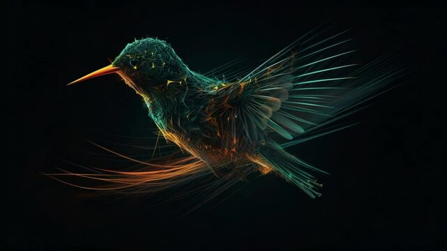 Abstract hummingbirds on a dark background, artful vibrant avian representations