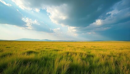 Dramatic Sky Over Serene Grassland A Wide Open Expanse of Untouched Wilderness Perfect for Travel and Nature Projects