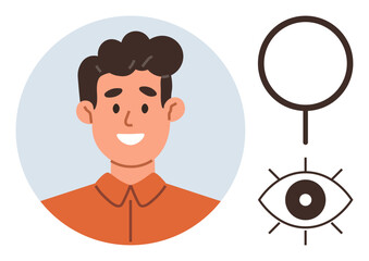 Smiling young man in orange outfit in circular frame with magnifying glass and eye symbol. Ideal for identity, search, creativity, analysis, vision, problem-solving, personal focus, simple flat