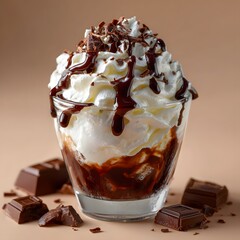 Delicious chocolate sundae with whipped cream and chocolate syrup dessert food