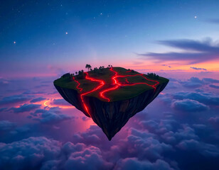 A floating island with glowing red lava cracks hovering in the sky during sunset in a fantasy landscape.