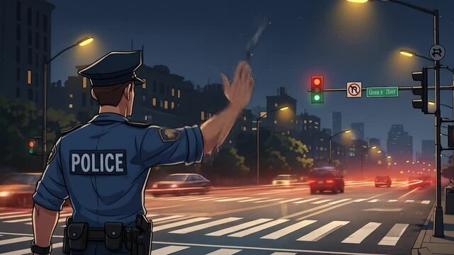 Animated Police Officer Directing Traffic at Night with Light Trails and Cityscape