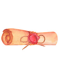 watercolor old brown scroll with wax seal, vintage antique textured beige paper, illustration parchments with ripped and scrolled edges and spots, horizontal banner isolated white background