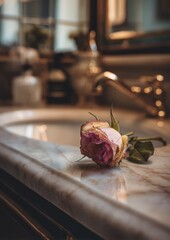 Close-up of wilted rose on marble countertop in bathroom setting revealing vintage fixtures